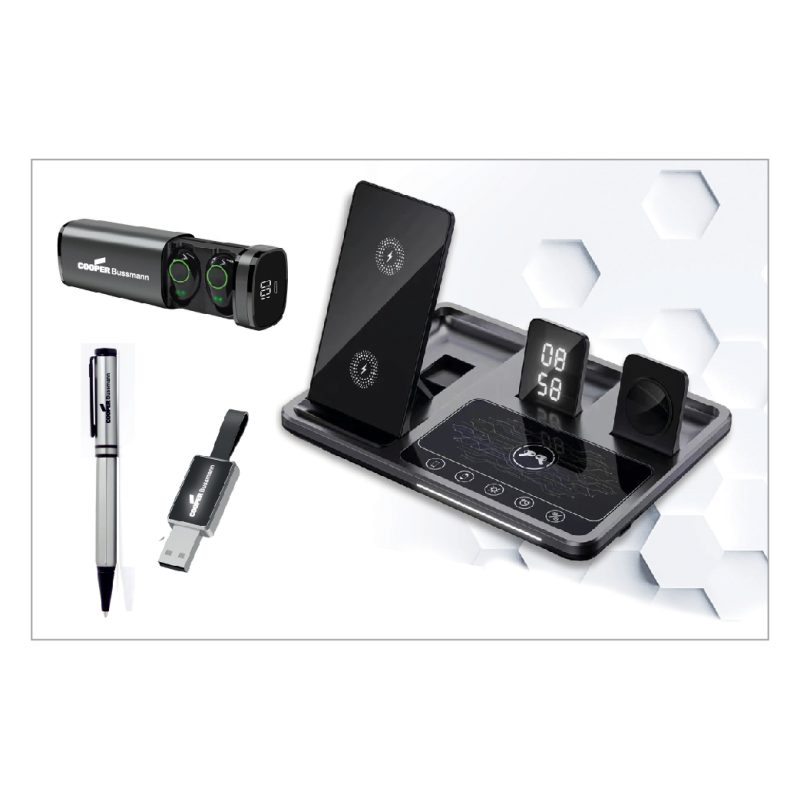 The Net tech gift set with wireless charger, earbuds, USB flash drive, and pen
